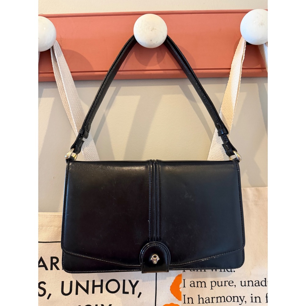 Hoover Vintage Black Leather Shoulder Bag Structured Silver Hardware Minimalist